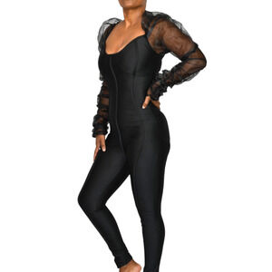 Lips Inc Jumpsuit Black Sheer Chiffon Puff Long Sleeve Bustier Bodysuit Small